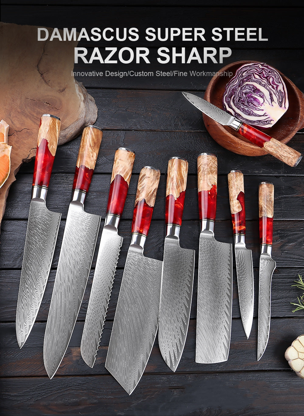 SAKUTO (作東) Japanese Damascus Steel Kitchen Knife Set With Resin Handle