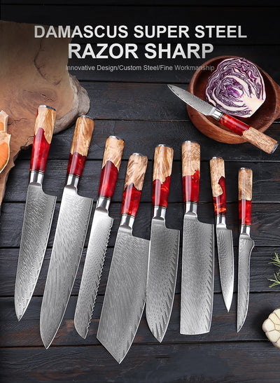 SAKUTO (作東) Japanese Damascus Steel Kitchen Knife Set With Resin Handle