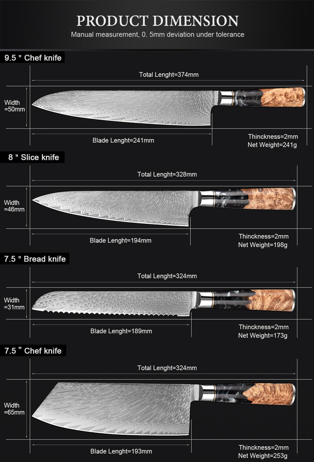 SAKUTO (作東) Japanese Damascus Steel Kitchen Knife Set With Resin Handle