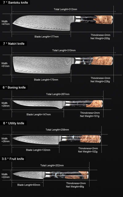 SAKUTO (作東) Japanese Damascus Steel Kitchen Knife Set With Resin Handle