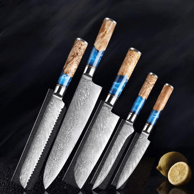 SAKUTO (作東) Japanese Damascus Steel Kitchen Knife Set With Resin Handle